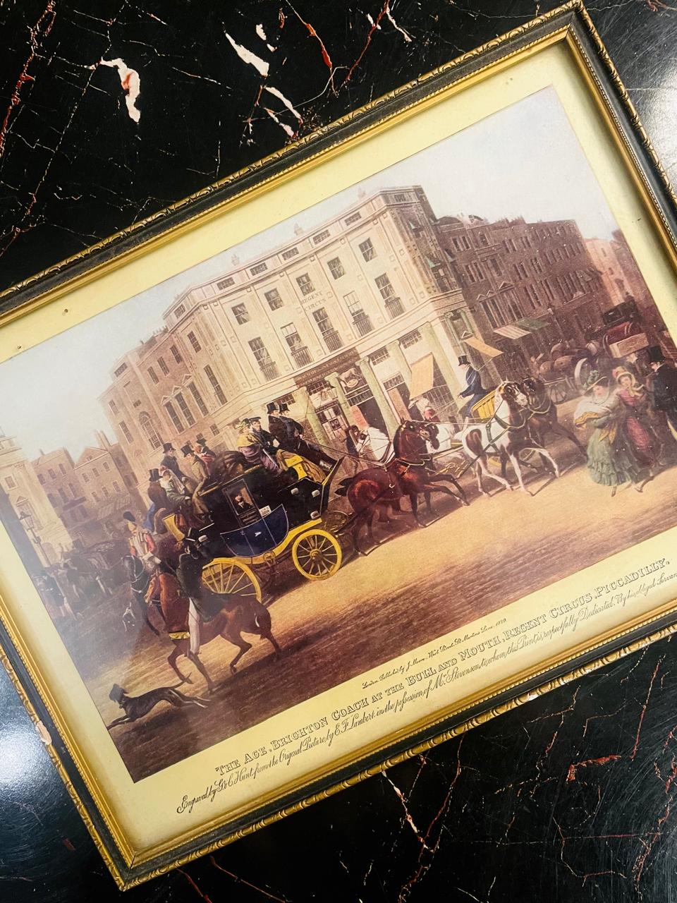 Vintage Stagecoach Painting Framed Victorian Street Scene Art