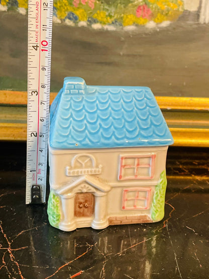 Vintage Ceramic Cottage Candle – Blue Roof House Design – England Style – 4 Inches