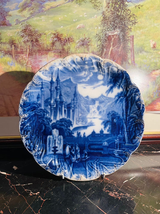 flow blue plate england, vintage blue and white china, pastoral scene plate, english antique pottery, staffordshire blueware, heritage european decor, rare thrift finds, cottagecore wall decor, collectible english plate, victorian flow blue ceramic, sunset kitchen vintage collection