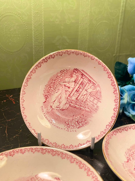 Vintage Pink Transferware Nursery Rhyme decor plate The Clock Strikes Twelve, 4in