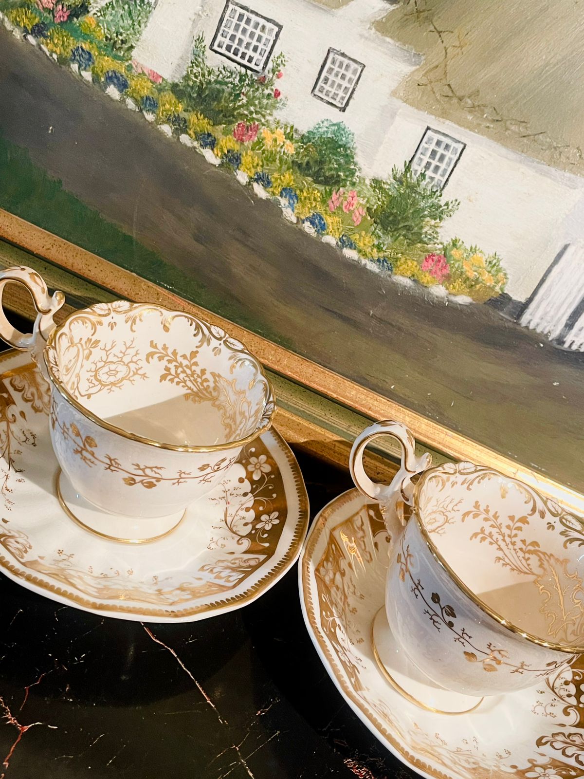 Set of 2 Vintage English Gold Gilded Teacup & Saucer