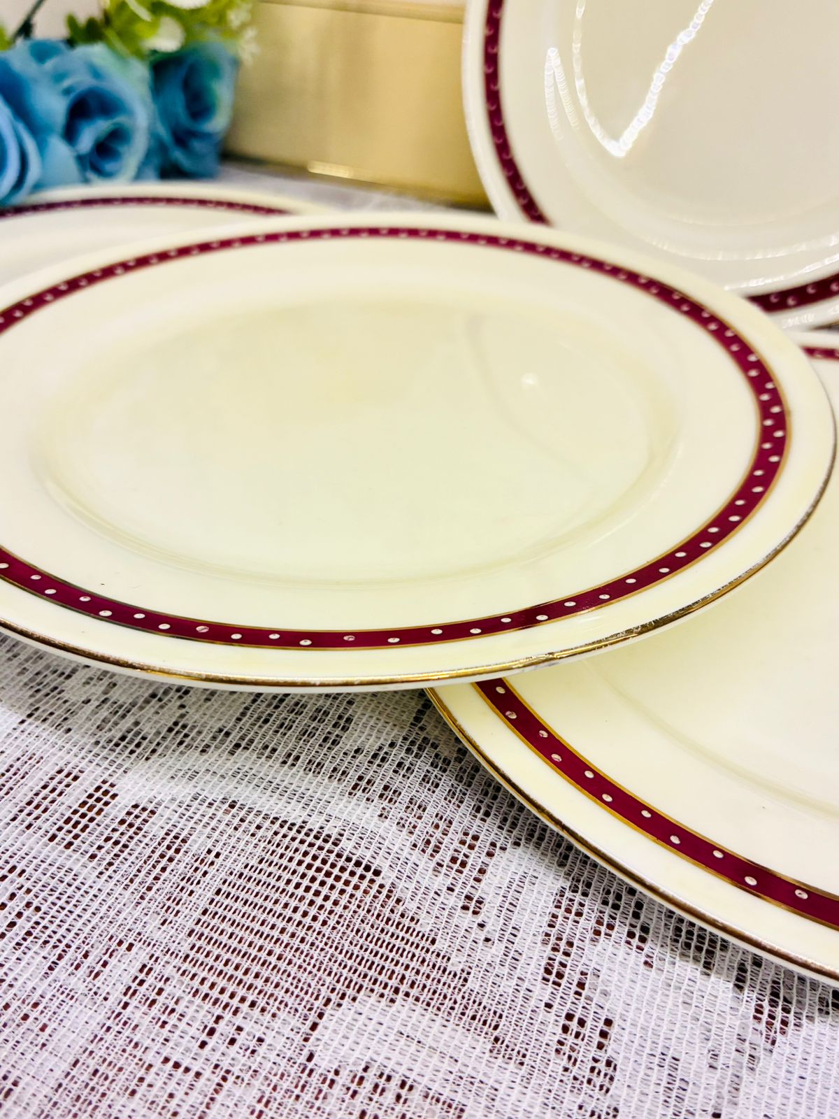 Vintage Red Trim Quarter Plates Set of 4 – Classic English Style