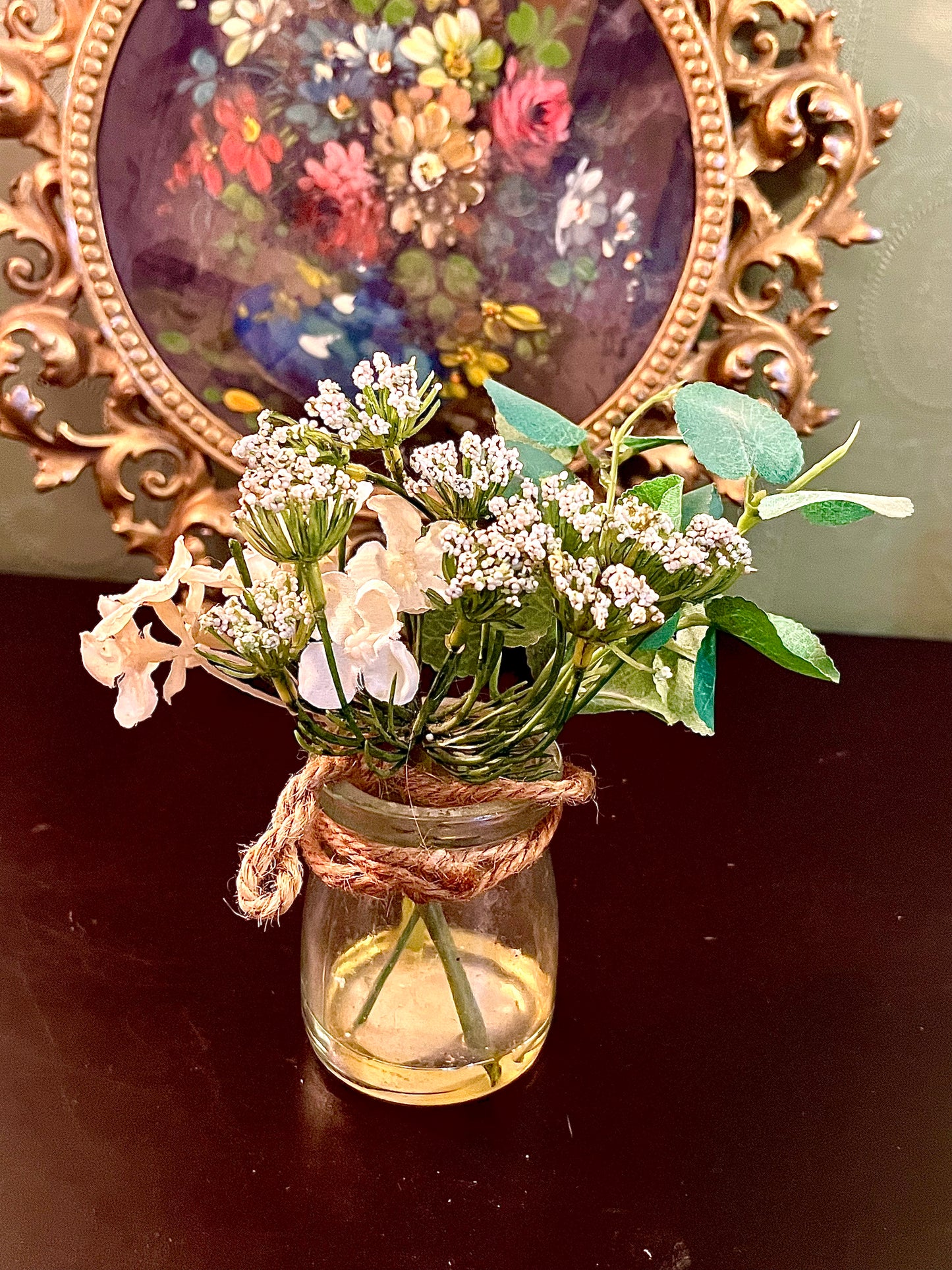 Glass Jar Vase with Faux Flowers Rustic Twine Decor 6 Inch