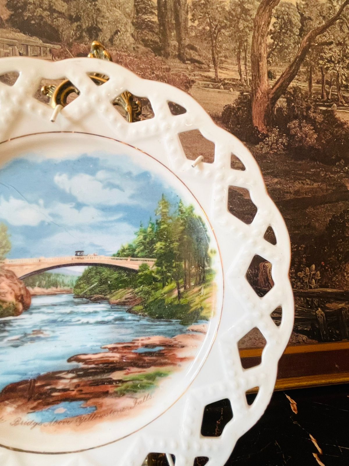 Vintage Reticulated Souvenir Plate – “Concrete Bridge, Lower Yellowstone Falls” Scenic Collector’s Plate