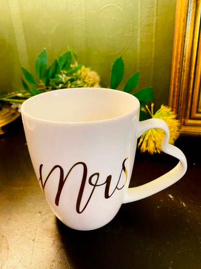 Mrs Heart Handle Ceramic Mug 5 Inch Wedding Gift Cup