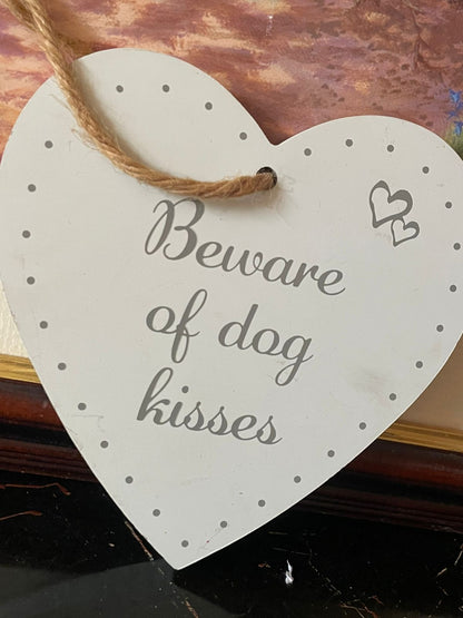 “Beware of Dog’s Kisses” White Ceramic Wall Hanging Plaque with Jute Rope