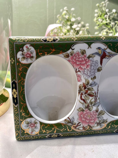 Vintage Japanese Double Frame Floral Wall Decor | Green & Gold Approx. 18 cm