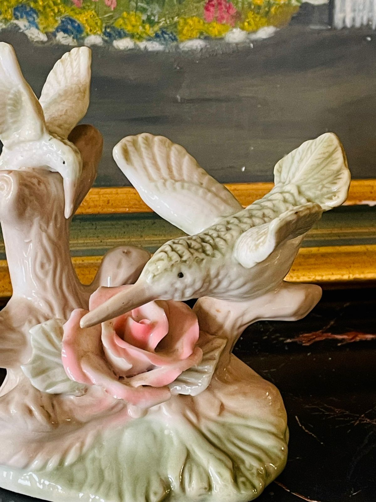 Vintage Porcelain Hummingbirds & Rose Figurine – Soft Pastel Glaze (England Style)