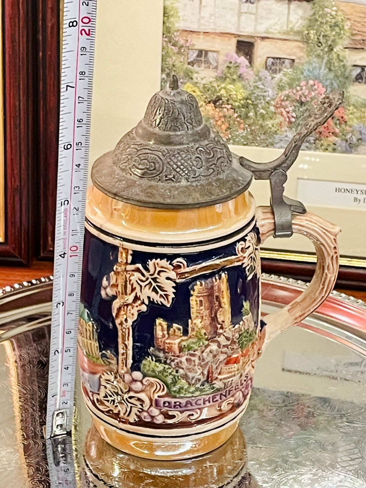 Vintage German Mug with Pewter Lid – Embossed Design