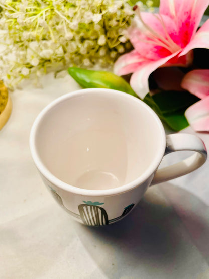 White Ceramic Cactus Mug – Black & Turquoise Design, 4 Inch