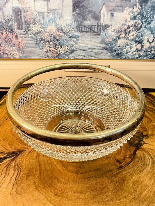 Vintage Large Cut Crystal Bowl with Brass Rim | Large Serving Bowl