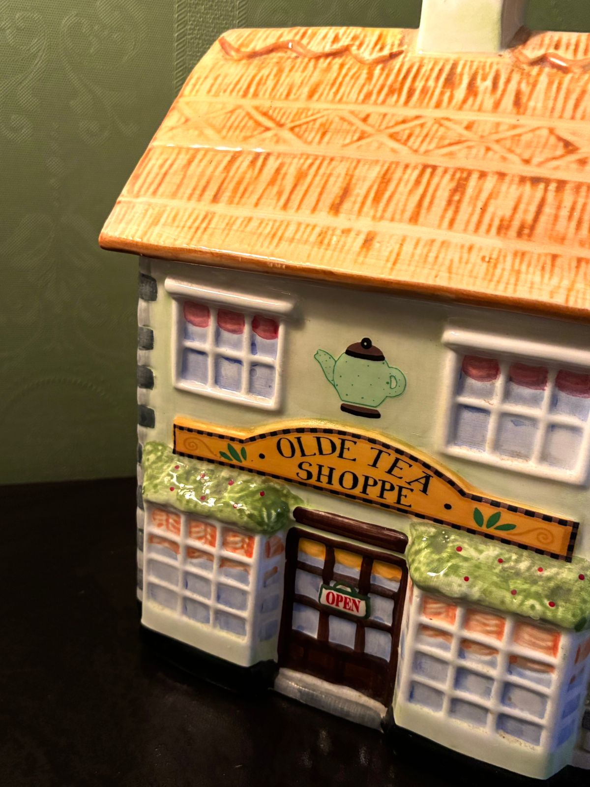 Vintage Olde Tea Shoppe Cookie Jar Ceramic Cottage Canister