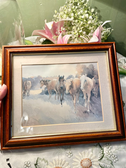 Vintage watercolor artwork is "Horses in the Wetlands" by the watercolor artist David Harmer Made in England 10.5 inch