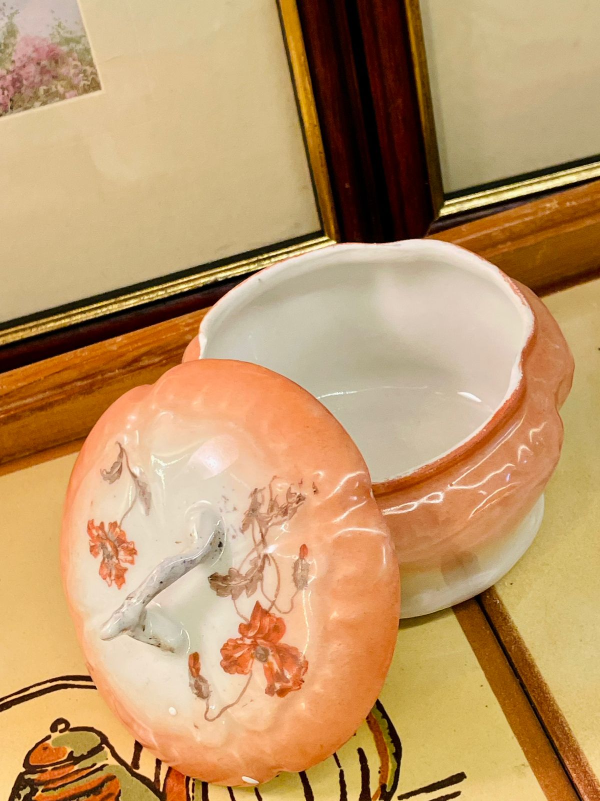 Vintage Peach Ceramic Trinket Box with Floral Lid