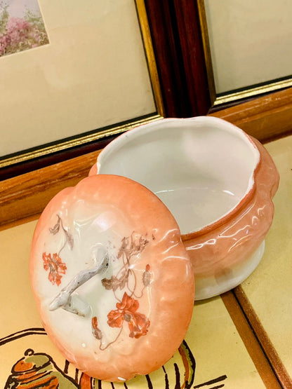 Vintage Peach Ceramic Trinket Box with Floral Lid