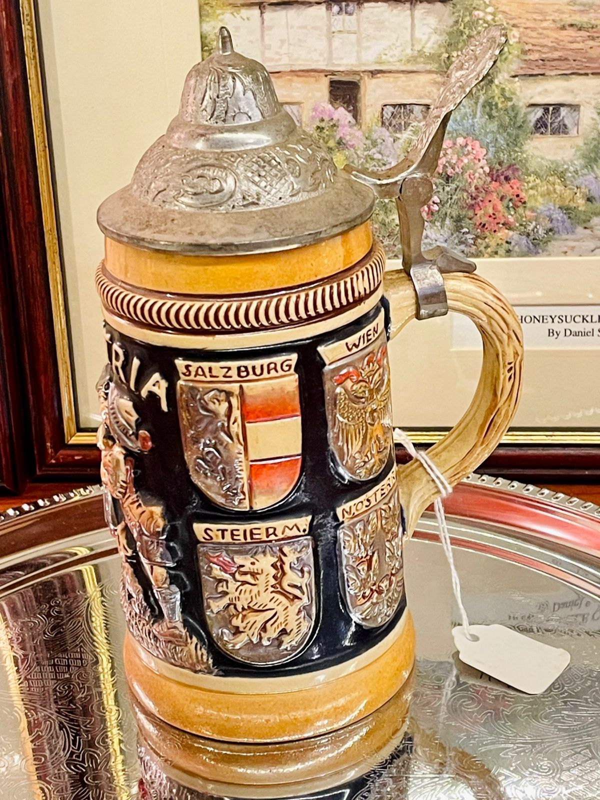 Vintage German Mug with Pewter Lid – Embossed Design