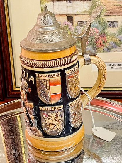 Vintage German Mug with Pewter Lid – Embossed Design