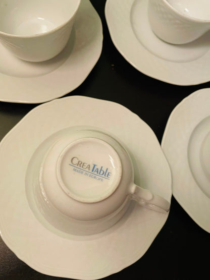 CreaTable White Porcelain Tea Cups and Saucers Set of 6