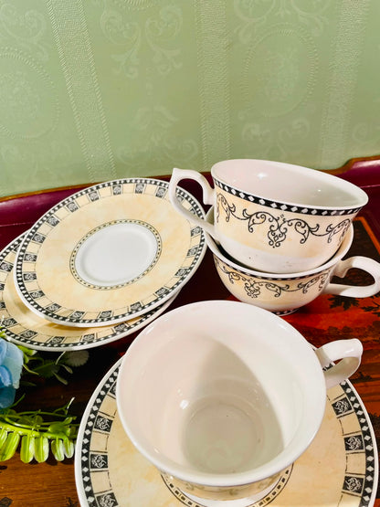 Black & Cream Scrollwork 6-Piece Cup and Saucer Set