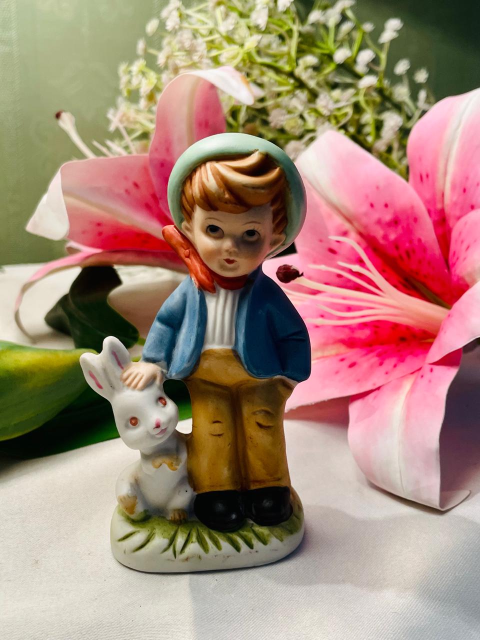 Vintage Boy with Rabbit Figurine 9 cm