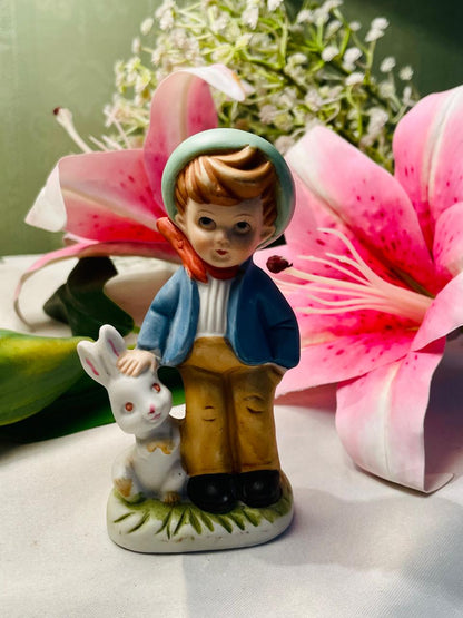 Vintage Boy with Rabbit Figurine 9 cm