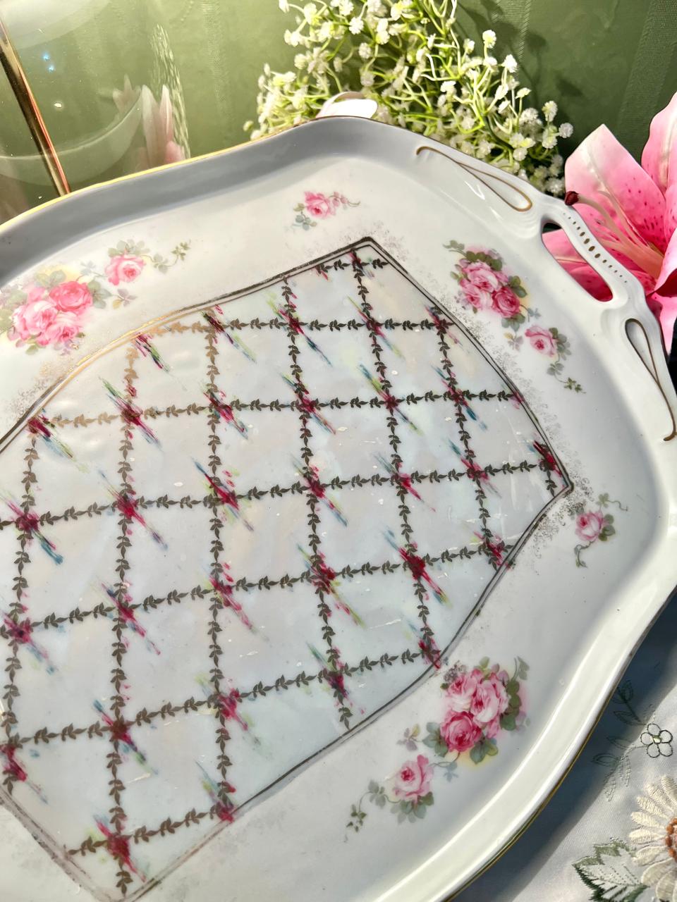 Vintage Floral Ceramic Serving Tray with Handles 46 cm