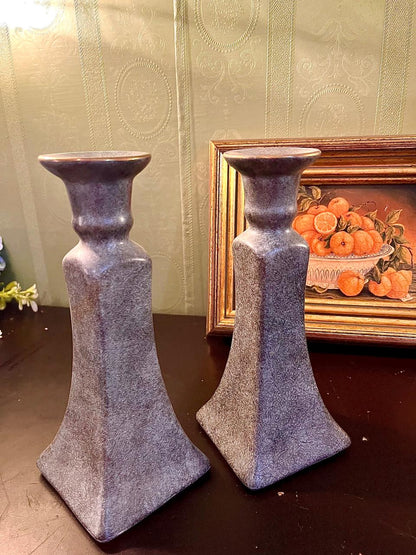 Vintage Grey Ceramic Candlestick Holders Pair – 9 Inch