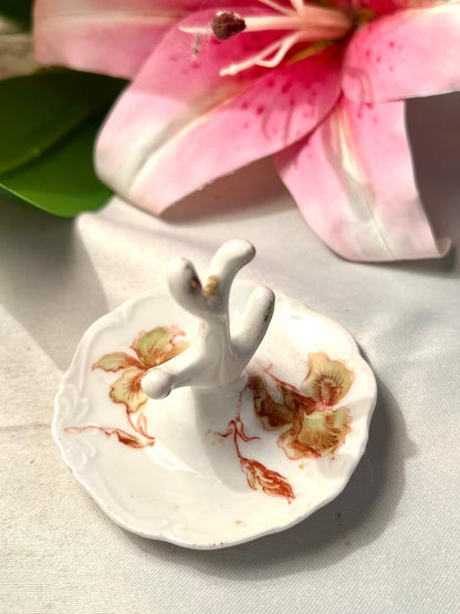 Vintage Ceramic Ring Holder Dish with Floral Design Approx. 7 cm