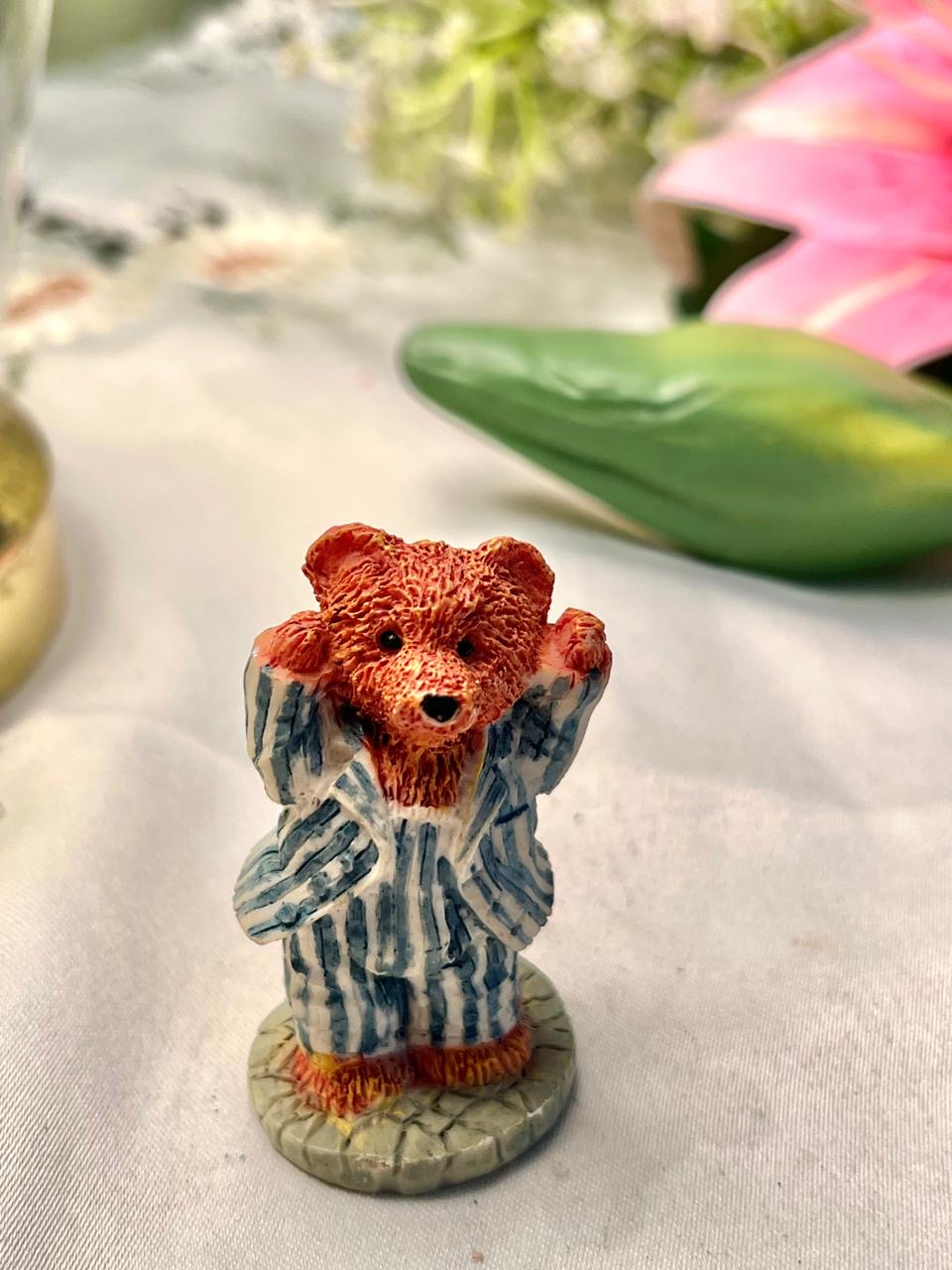 Vintage Teddy Bear Figurine Blue Striped Outfit 6 cm