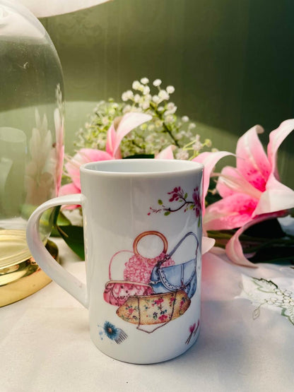 Floral Handbag Motif Mug Pink Blue 11 cm