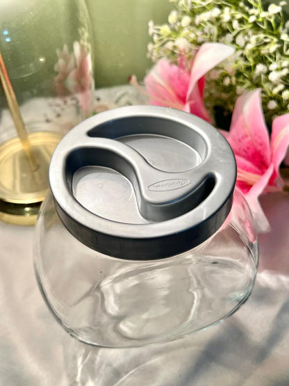 Vintage Clear Crystal Storage Jar with Black Lid