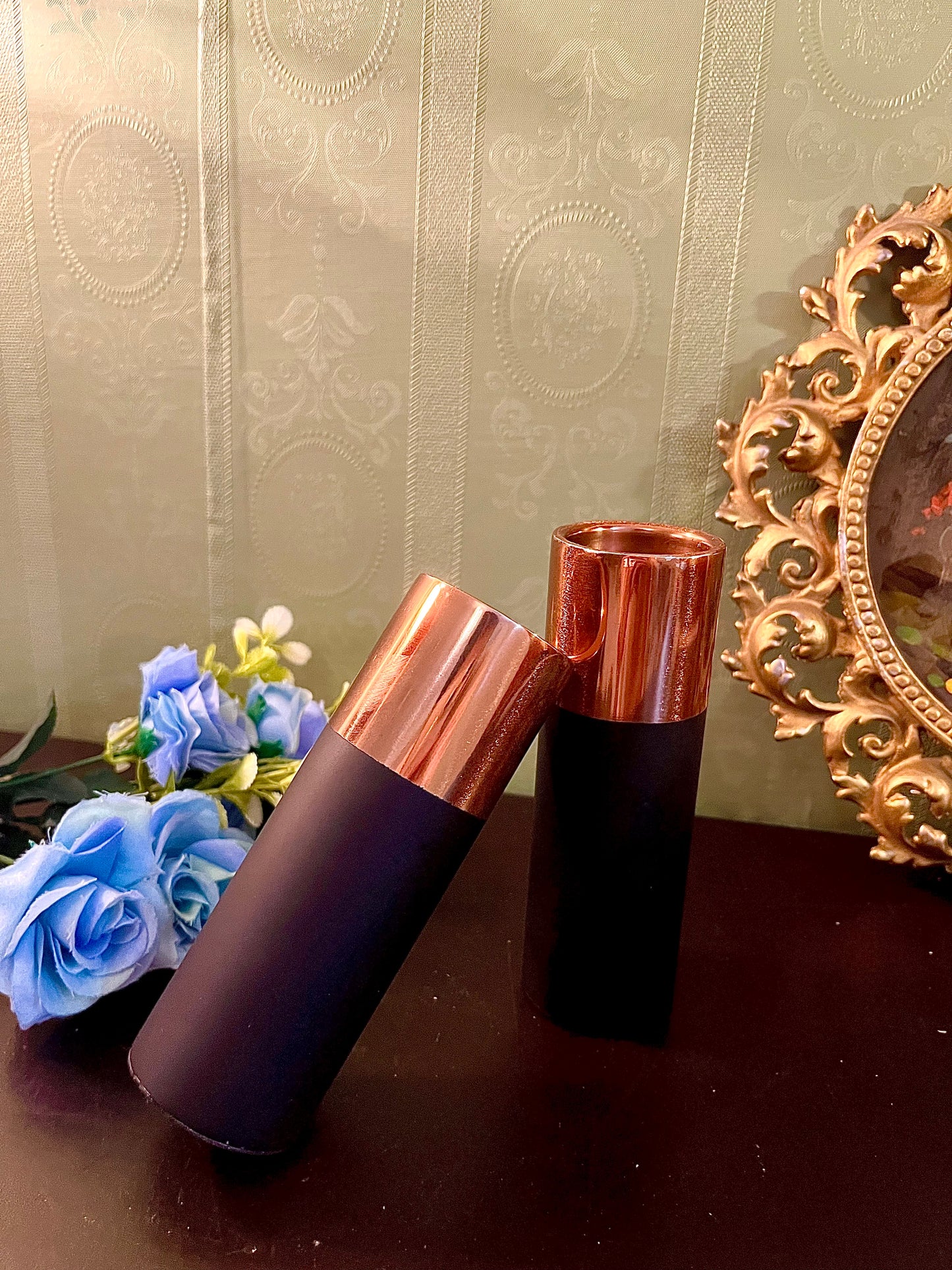 Pair of Black & Copper Cylinder Candle Holders