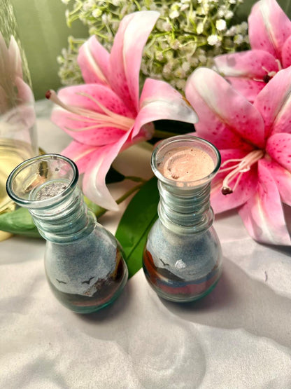 Vintage Crystal Sand Art Bottles Pair Blue Pink Black 5 Inch