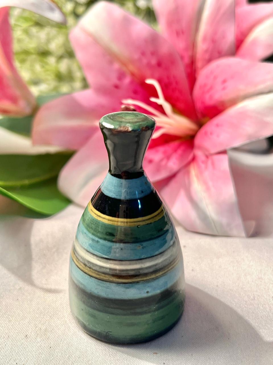 Vintage Green & Blue Striped Ceramic Miniature Vase – 3