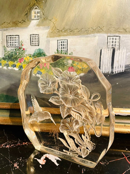 Vintage Lucite Acrylic Block – Hand Carved Morning Glory Flowers & Hummingbird Sculpture (USA)