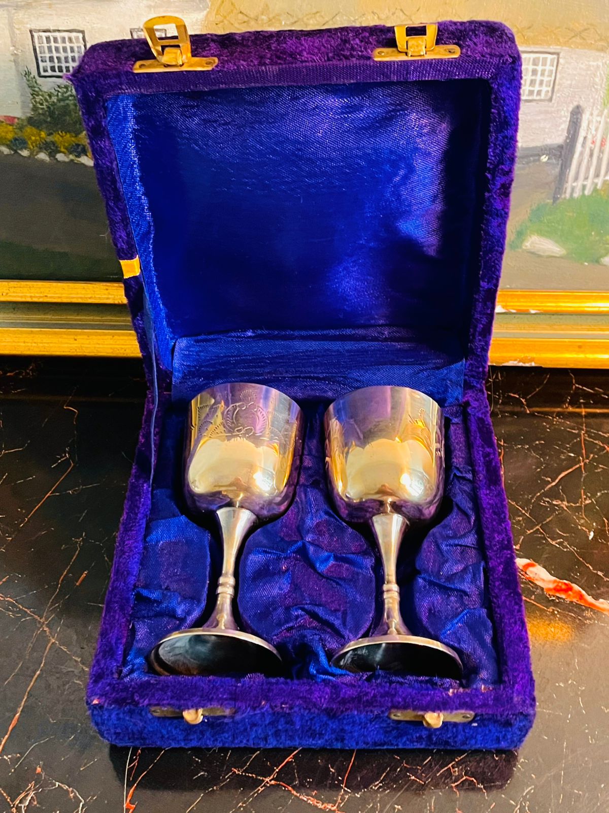 vintage silver goblets, engraved wine goblets, bar decor gifts, silver plated chalice set, collectible barware, vintage drinkware, velvet case gift set, floral etched goblets, elegant tableware, anniversary gift set