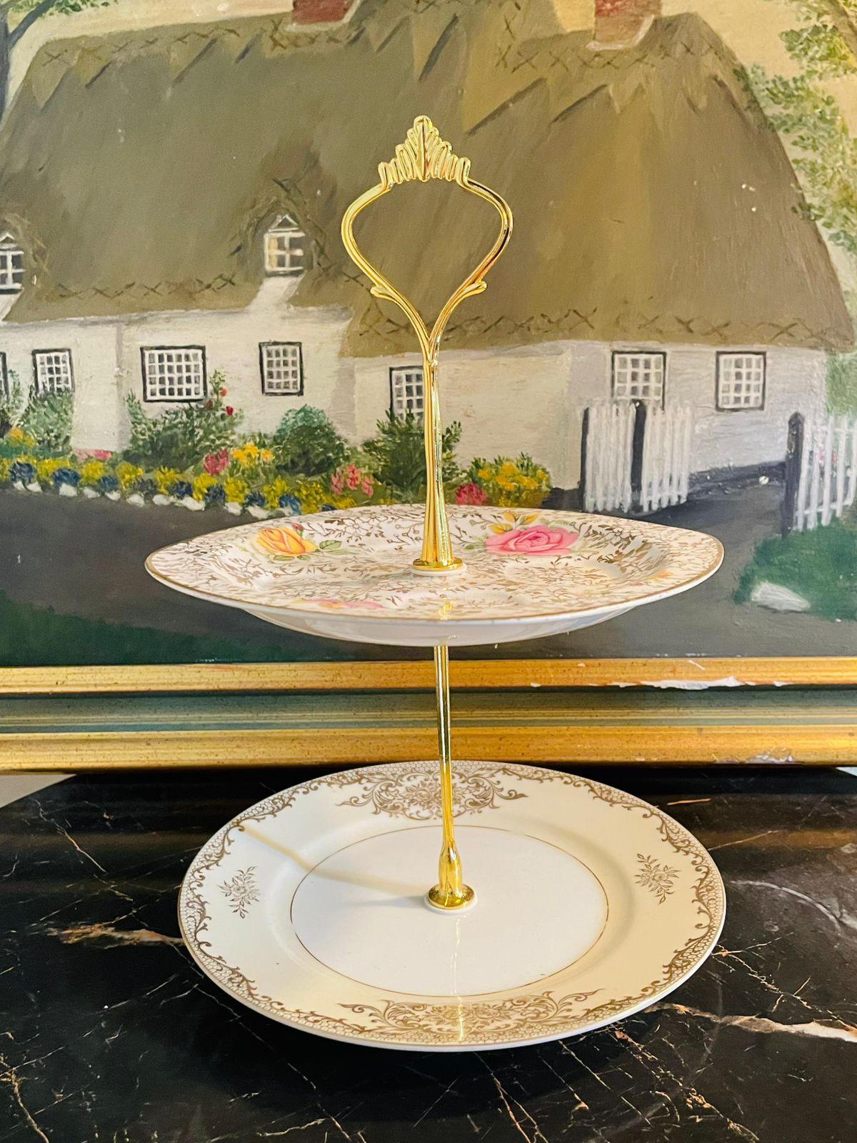 Vintage Limoges & Keystone 2-Tiered Serving Tray – Gold Filigree Porcelain