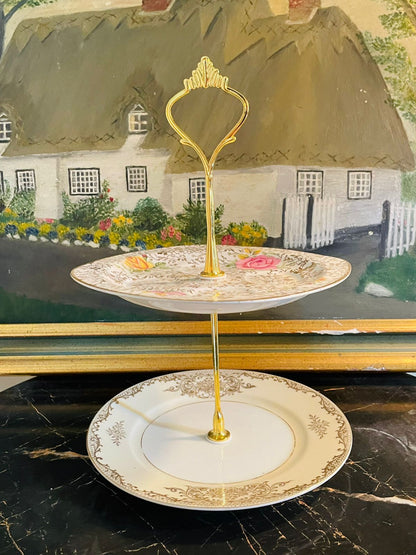 Vintage Limoges & Keystone 2-Tiered Serving Tray – Gold Filigree Porcelain