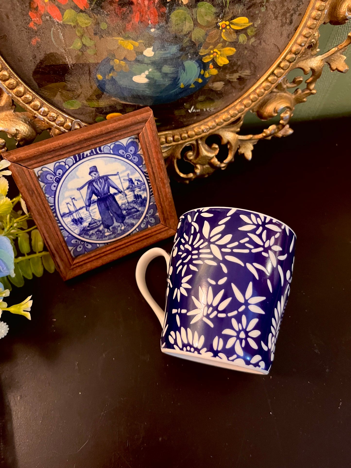 Navy Blue Floral Ceramic Mug