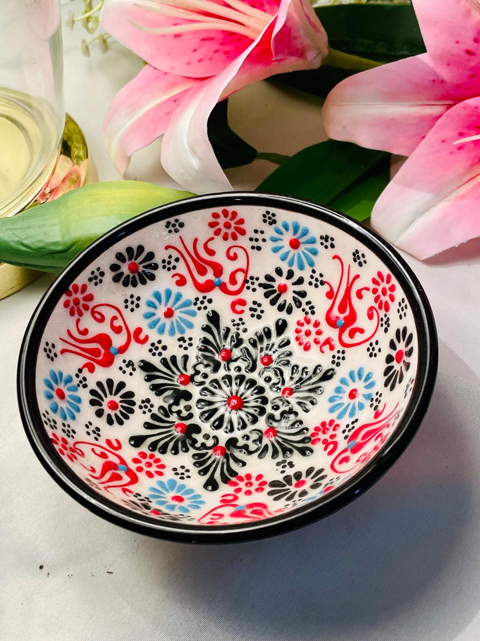 Hand-Painted Floral Ceramic Bowl – Red, Blue & Black Folk Art Design, Approx. 12 cm