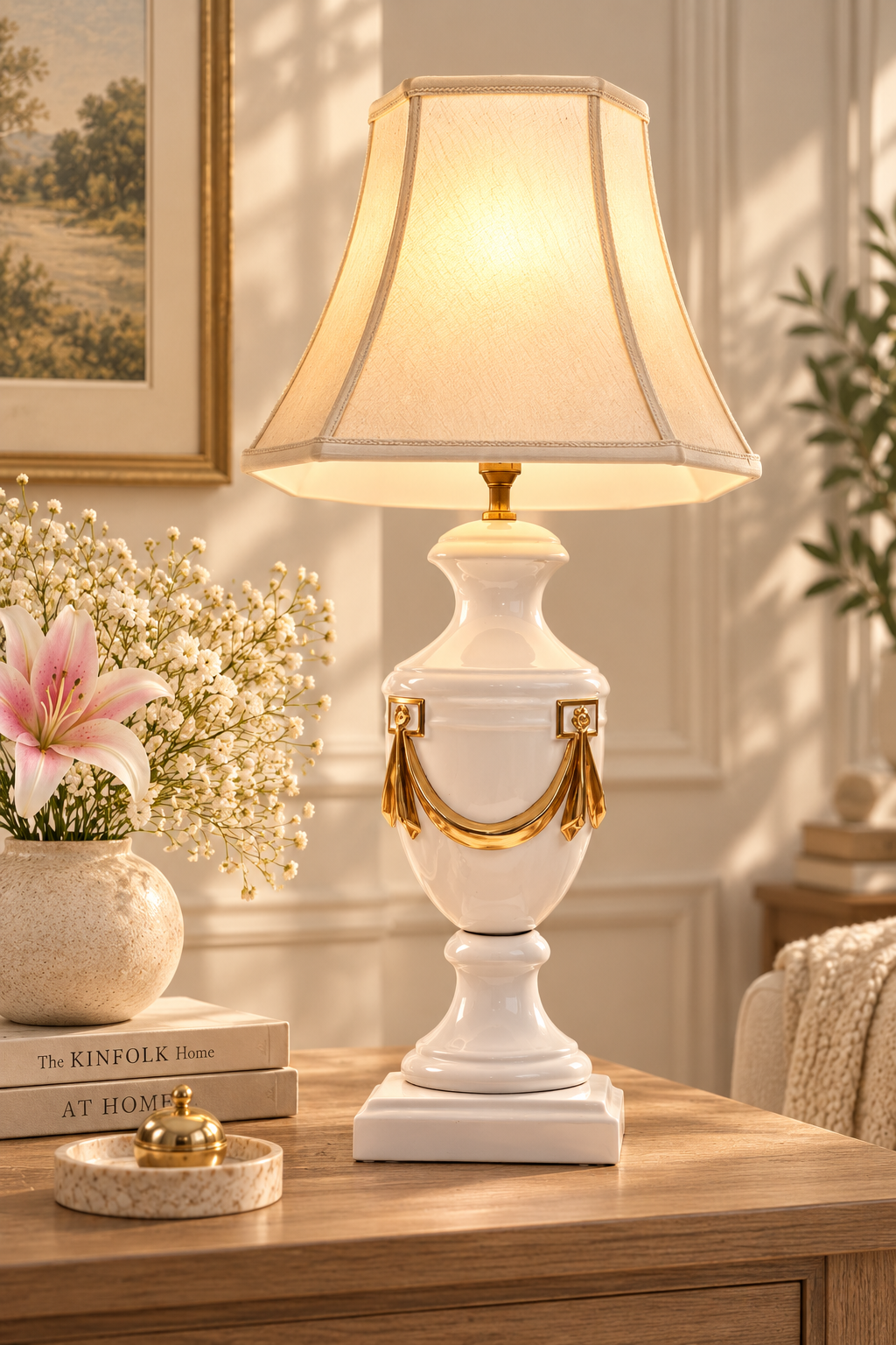 Vintage White & Gold Ceramic Table Lamp with Fabric Shade 70 cm