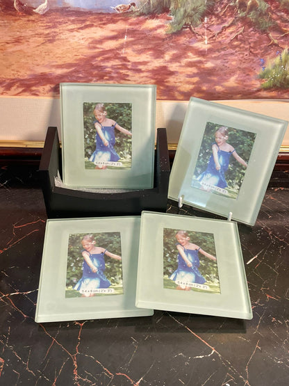 Wishlist Collection Home – Frosted Glass Photo Coasters with Wooden Holder (Set of 4, Insert Photos 2"x3")