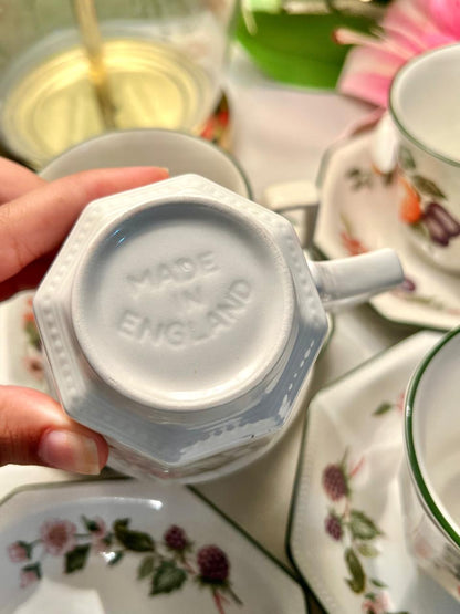 Johnson Brothers  Fruit Pattern Tea Set – 6 Cups, 6 Octagonal Saucers & Sugar Bowl – 13 Piece Set