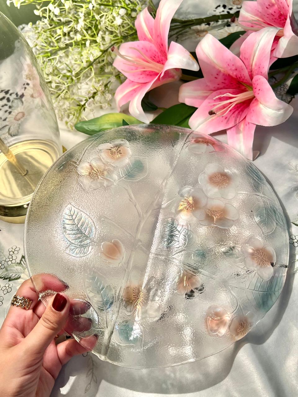 Vintage Floral Crystal Serving Platter – 11 Inch