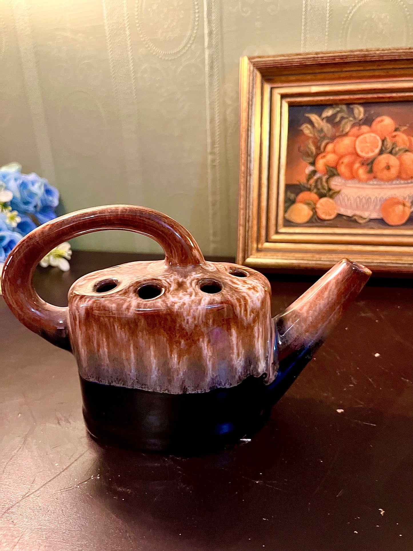 Vintage Brown Ceramic Watering Can Vase – Multi-Hole Flower Arranger