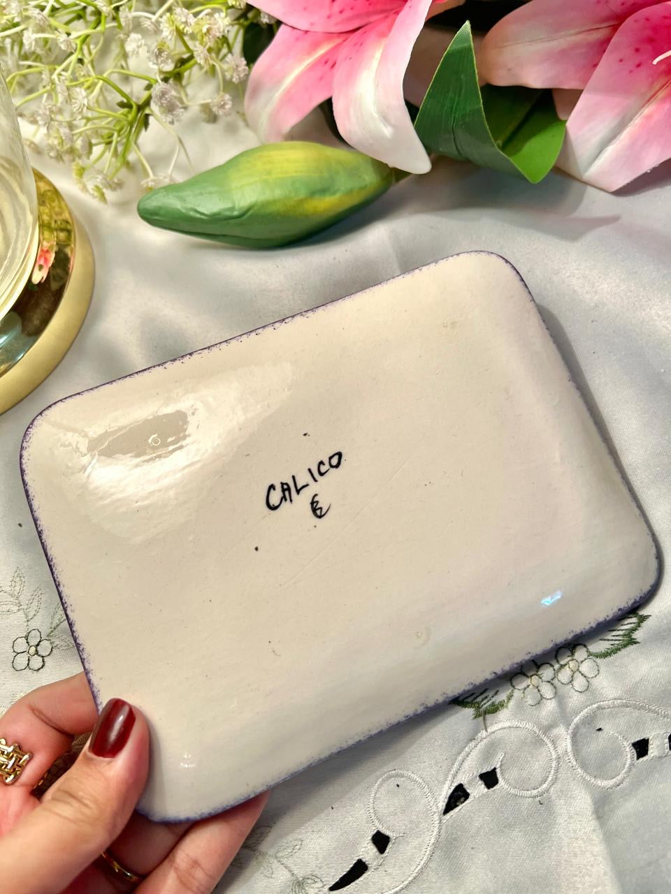 Hand Painted Calico Floral Rectangular Ceramic Tray – 7 Inch