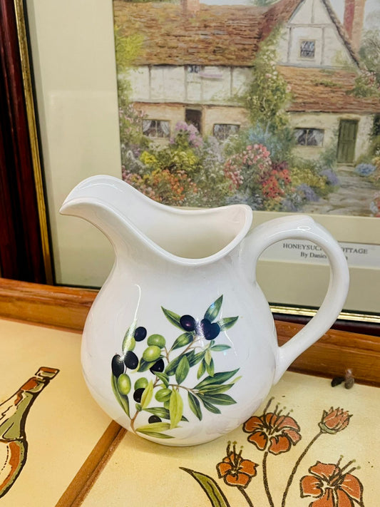 bone china pitcher, olive jug, decorative jug, kitchen decor, cottagecore vase, farmhouse decor, bone china Norfolk, botanical jug, English china, table decor