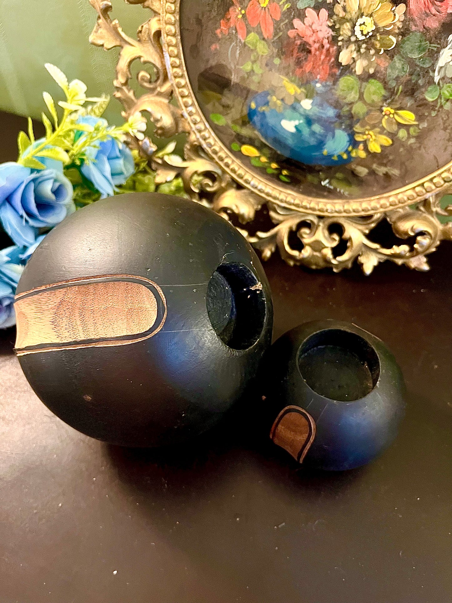 Set of 2 Black Round Decorative Vases with Wood Accent