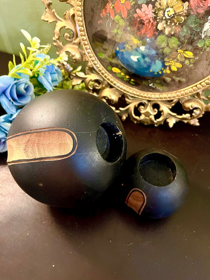 Set of 2 Black Round Decorative Vases with Wood Accent