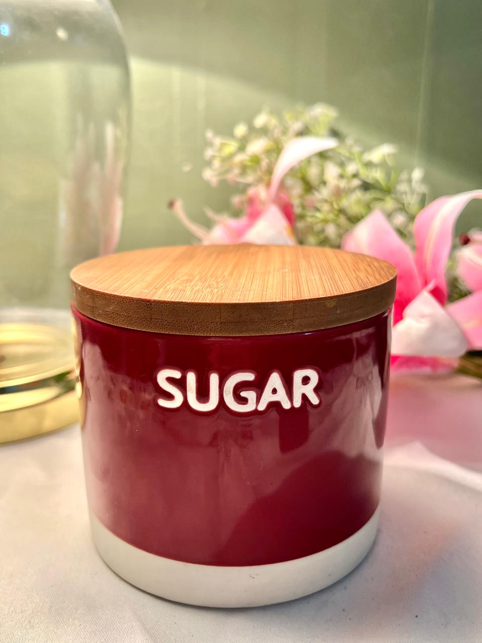 Wilko Red Ceramic Sugar Jar with Bamboo Lid 10cm